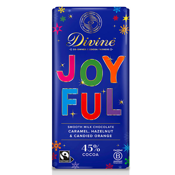 Divine Joyful Milk Chocolate 45% with Caramel, Hazelnut & Candied Orange 180g