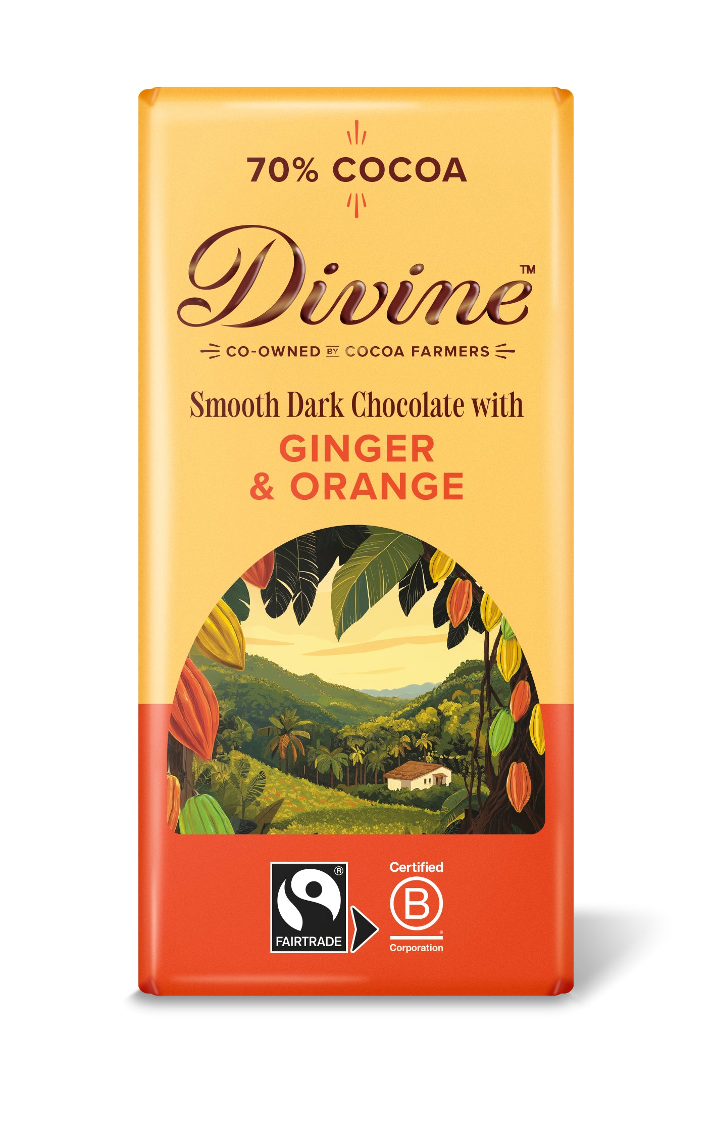 Divine Dark Chocolate 70% Ginger & Orange, 90g