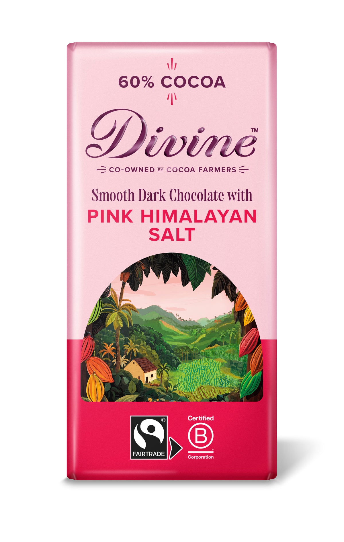 Divine Dark Chocolate 60% with Pink Himalaya Salt, 90g