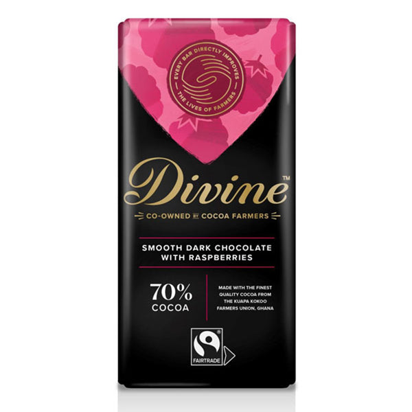 Divine Dark Chocolate 70% with Raspberry, 90g